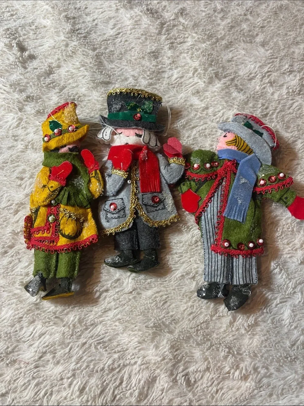 Vintage  Felt Holiday Carolers ornaments Trio in Red, Green, Yellow